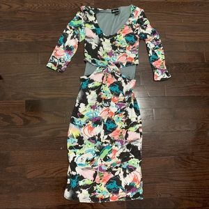 Seductions Midriff Cutout Multicolor  Prints Midi  Dress Size large